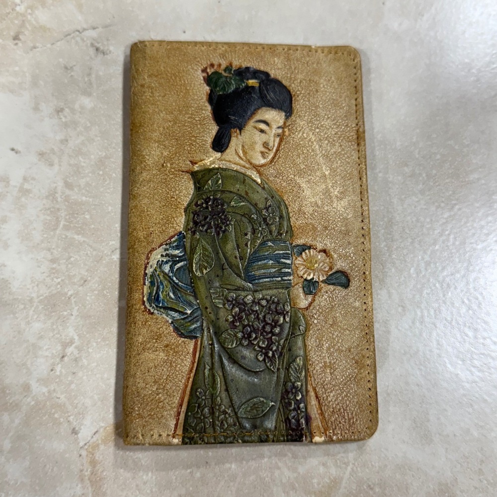 Vintage Japanese Hand Tooled Geisha Wisteria Mid Century Handmade Leather Wallet